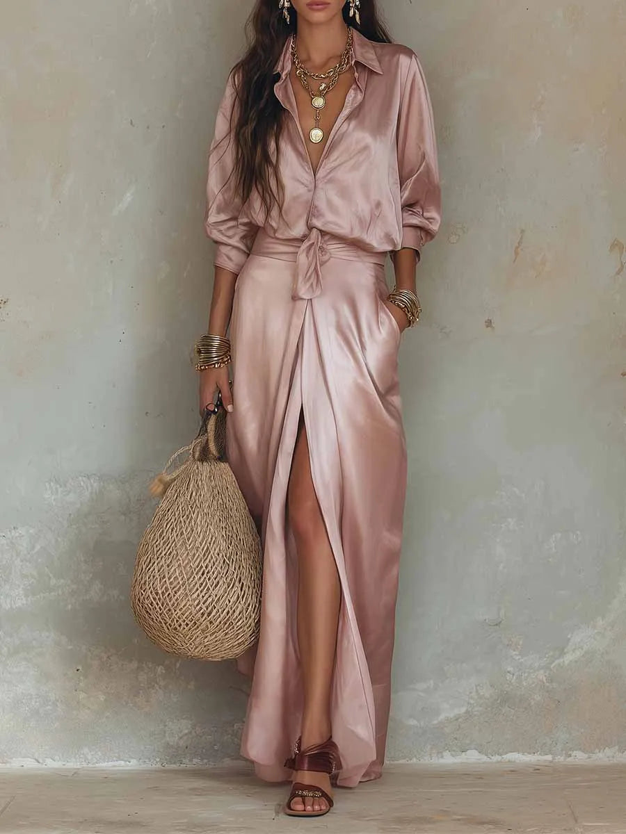 Eseld satin-finish shirt and maxi skirt set in pink, front view