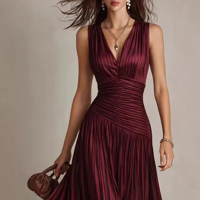 Delen pleated maxi dress in wine red, close-up