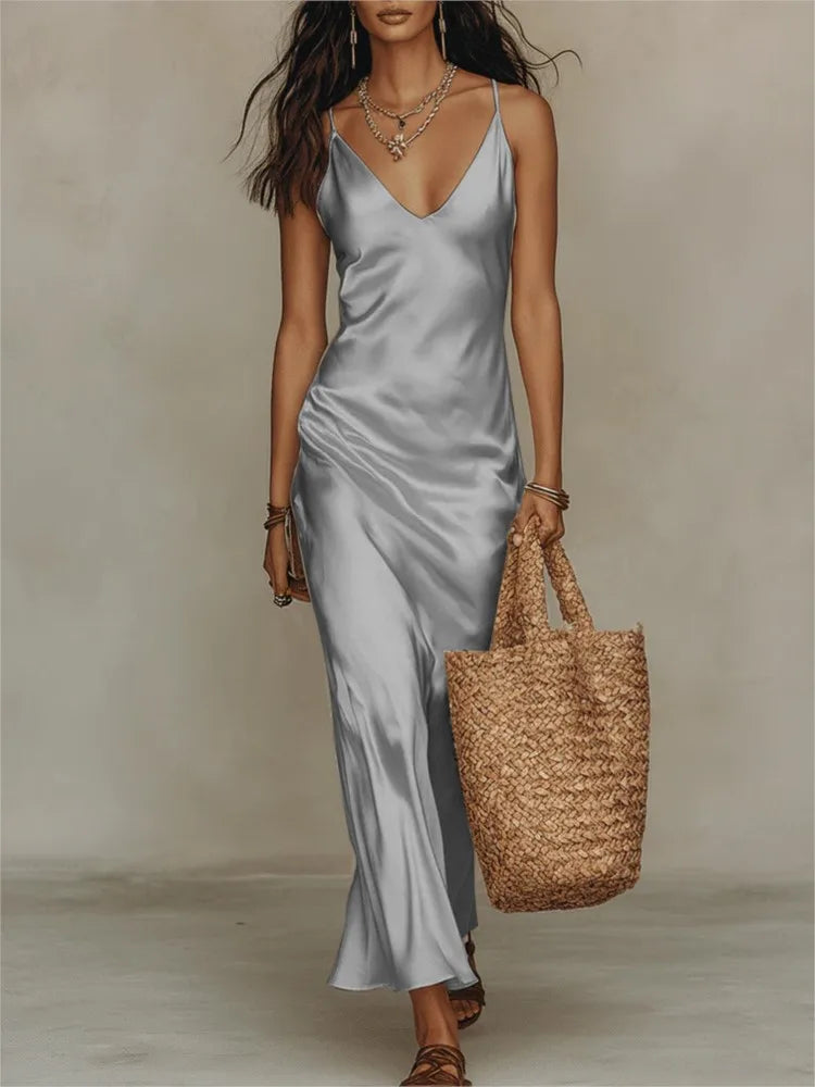Steren satin slip maxi dress in Grey, front view