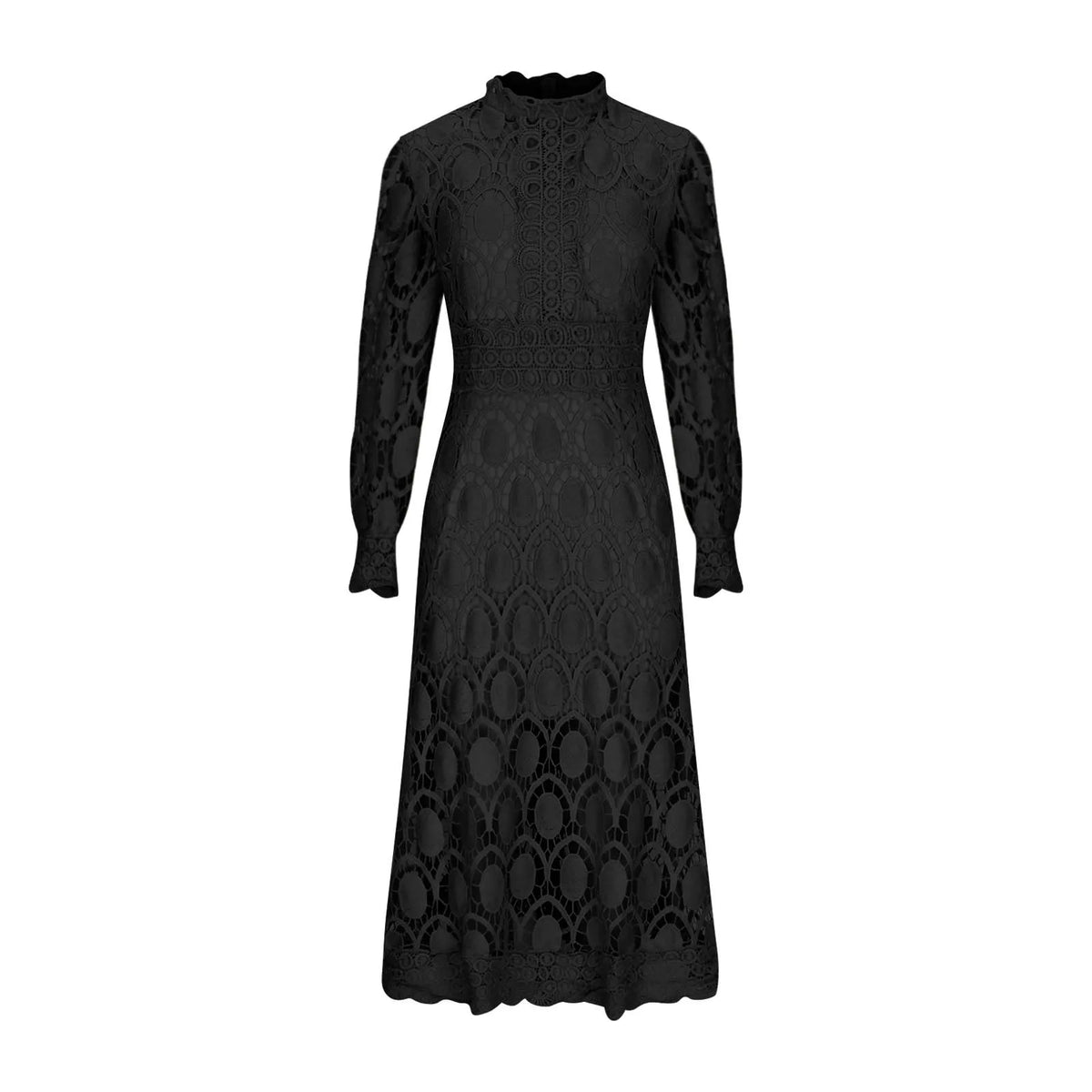 Philomel lace midi dress in black, front flat lay