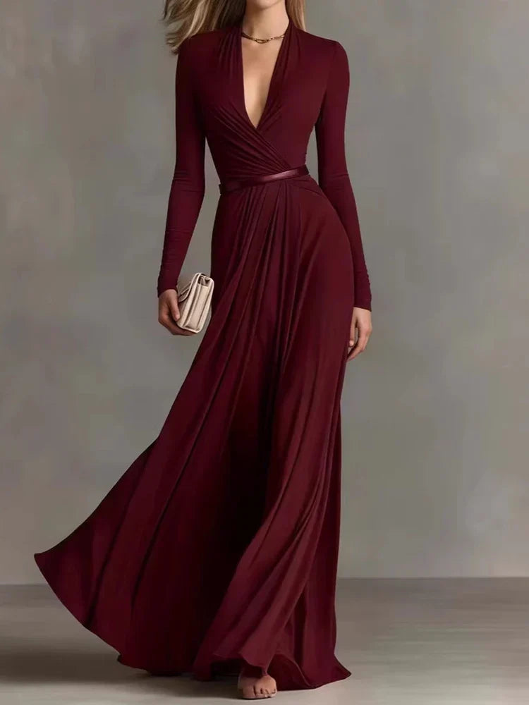 Kerra wrap maxi dress in burgundy, front view