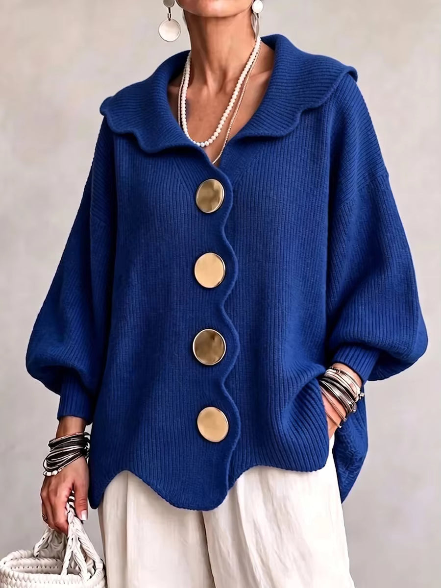 Gwenfair scalloped collar cardigan in Blue, front view
