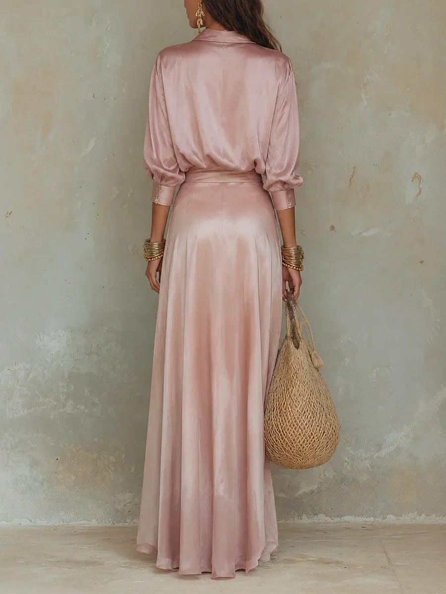 Eseld satin-finish shirt and maxi skirt set in pink, back view