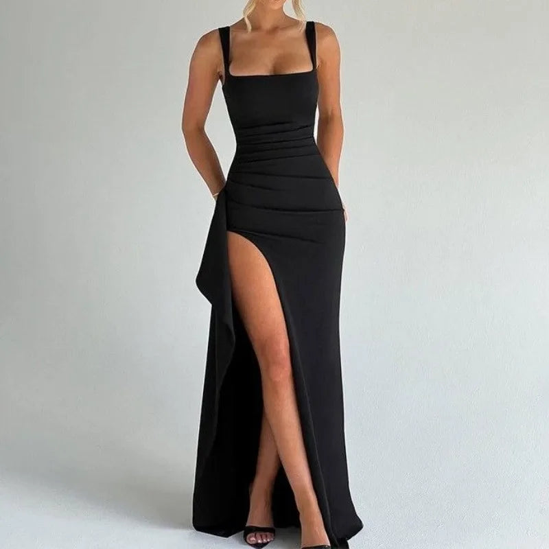 Bryher fitted maxi dress in black, full-length front view