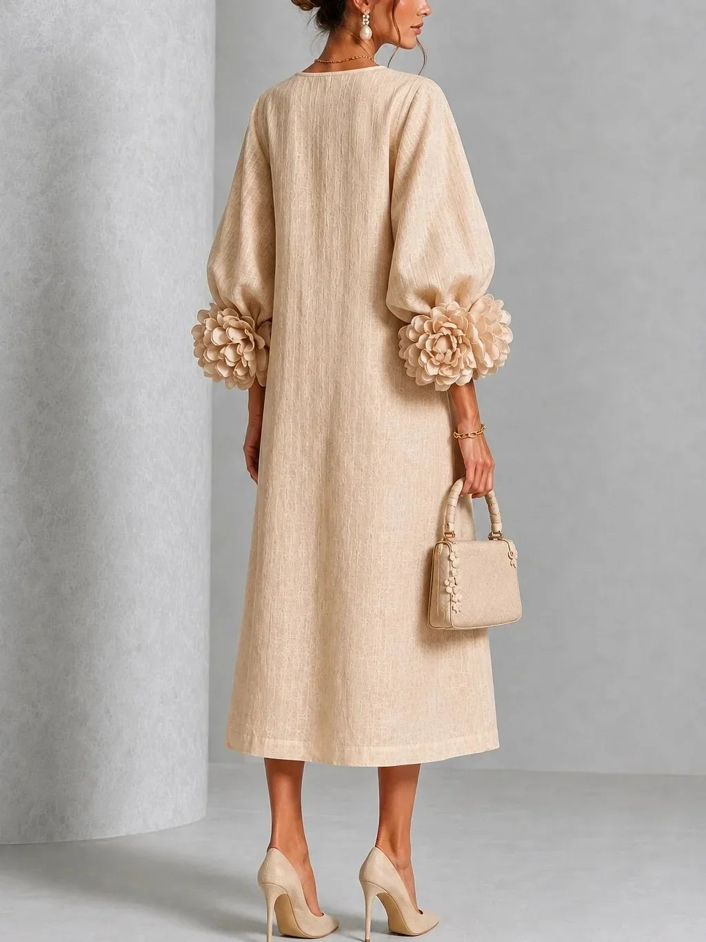 Hyacinthe floral cuff midi dress in apricot, back view