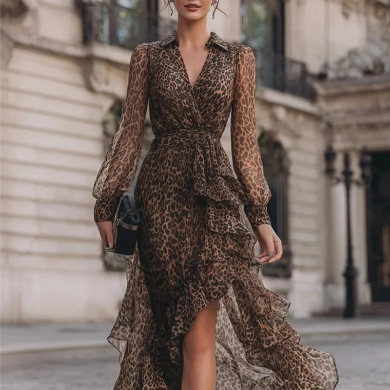 Annest leopard print ruffle maxi dress, close-up front view
