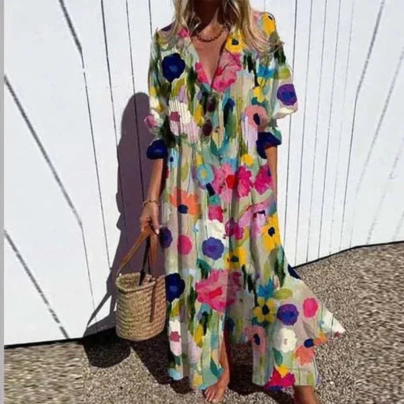 Rimmey boho shirt dress in multicolour floral print, full-length front view