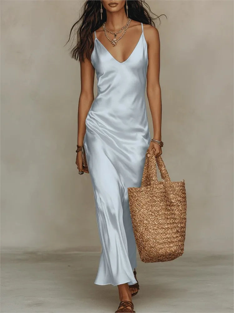 Steren satin slip maxi dress in Light Blue, front view