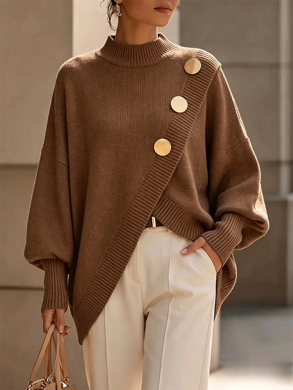 Rhosyn asymmetric button jumper in Dark Brown, front view
