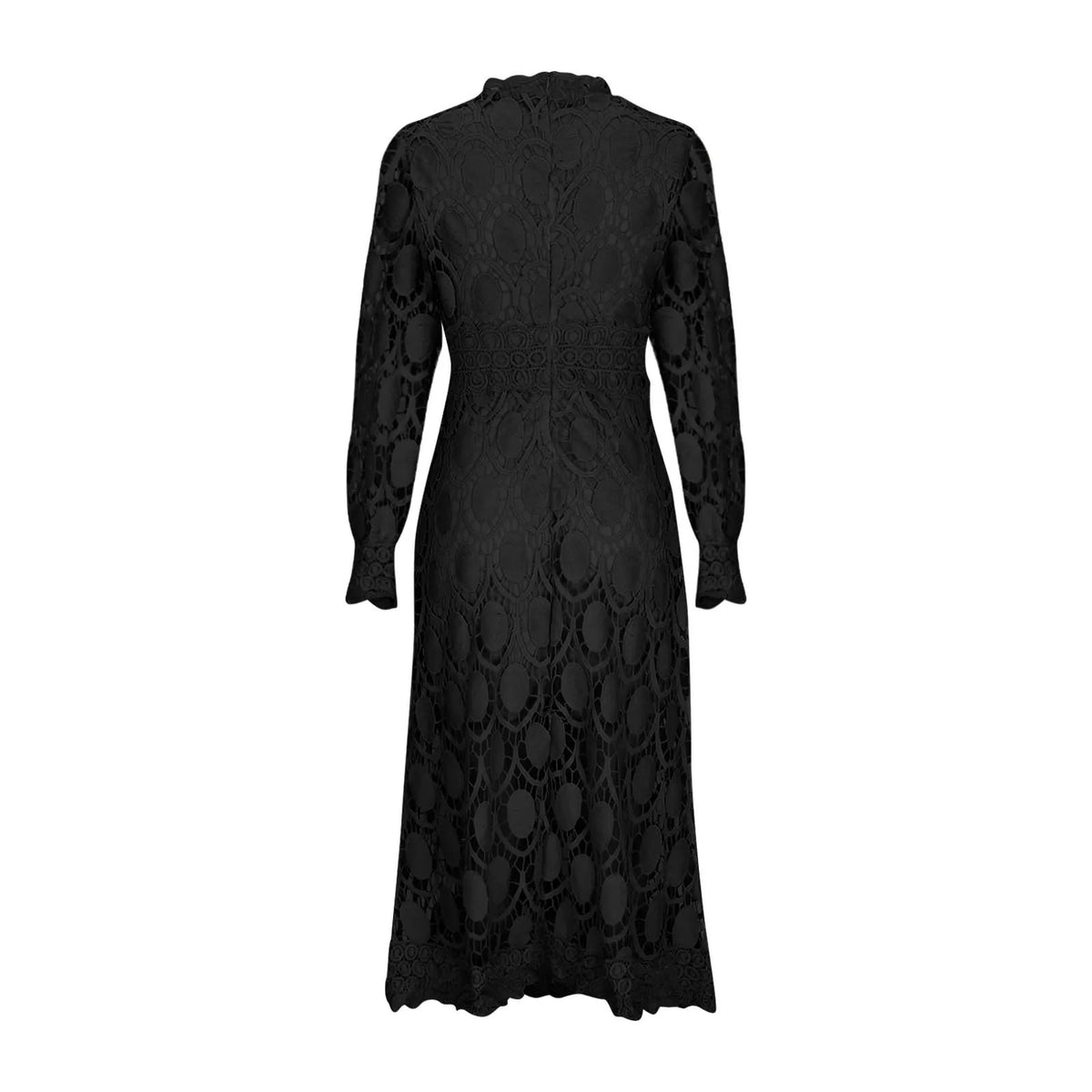 Philomel lace midi dress in black, back flat lay
