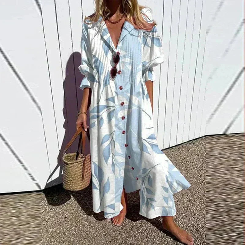 Rimmey boho shirt dress in white with light blue leaf print, front view