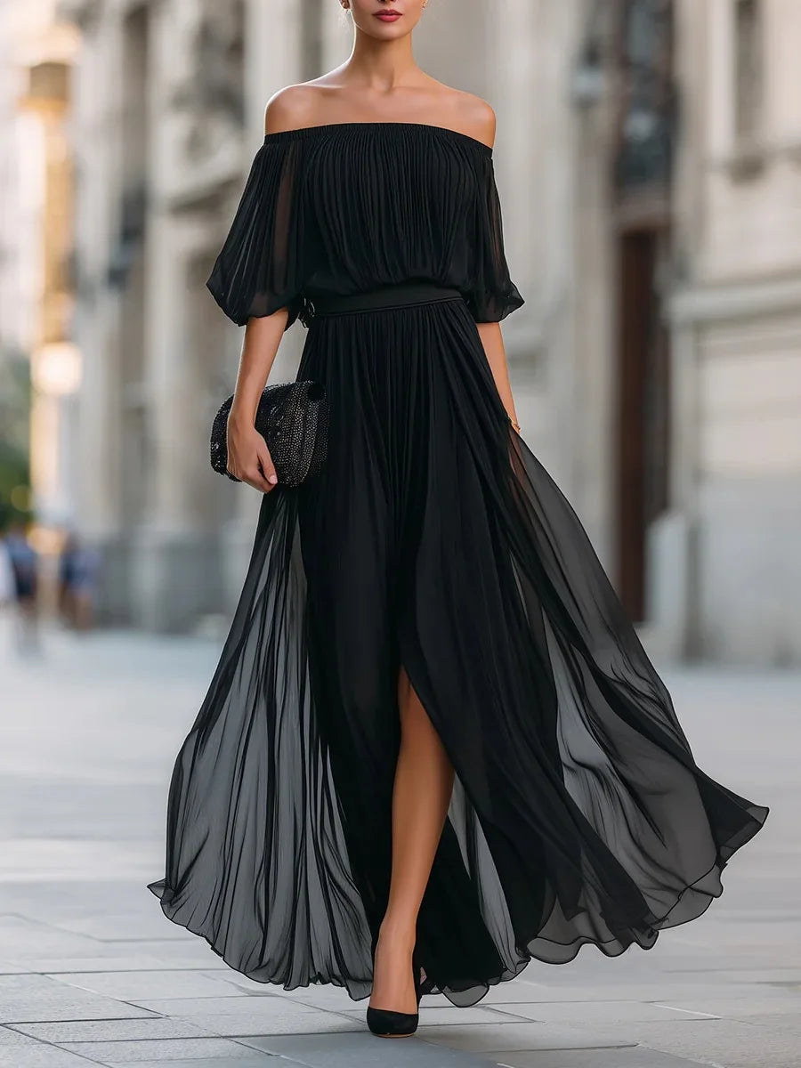 Doreen off-shoulder chiffon maxi dress in black, front view