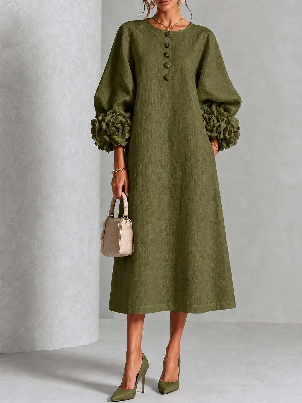 Hyacinthe floral cuff midi dress in army green, front view