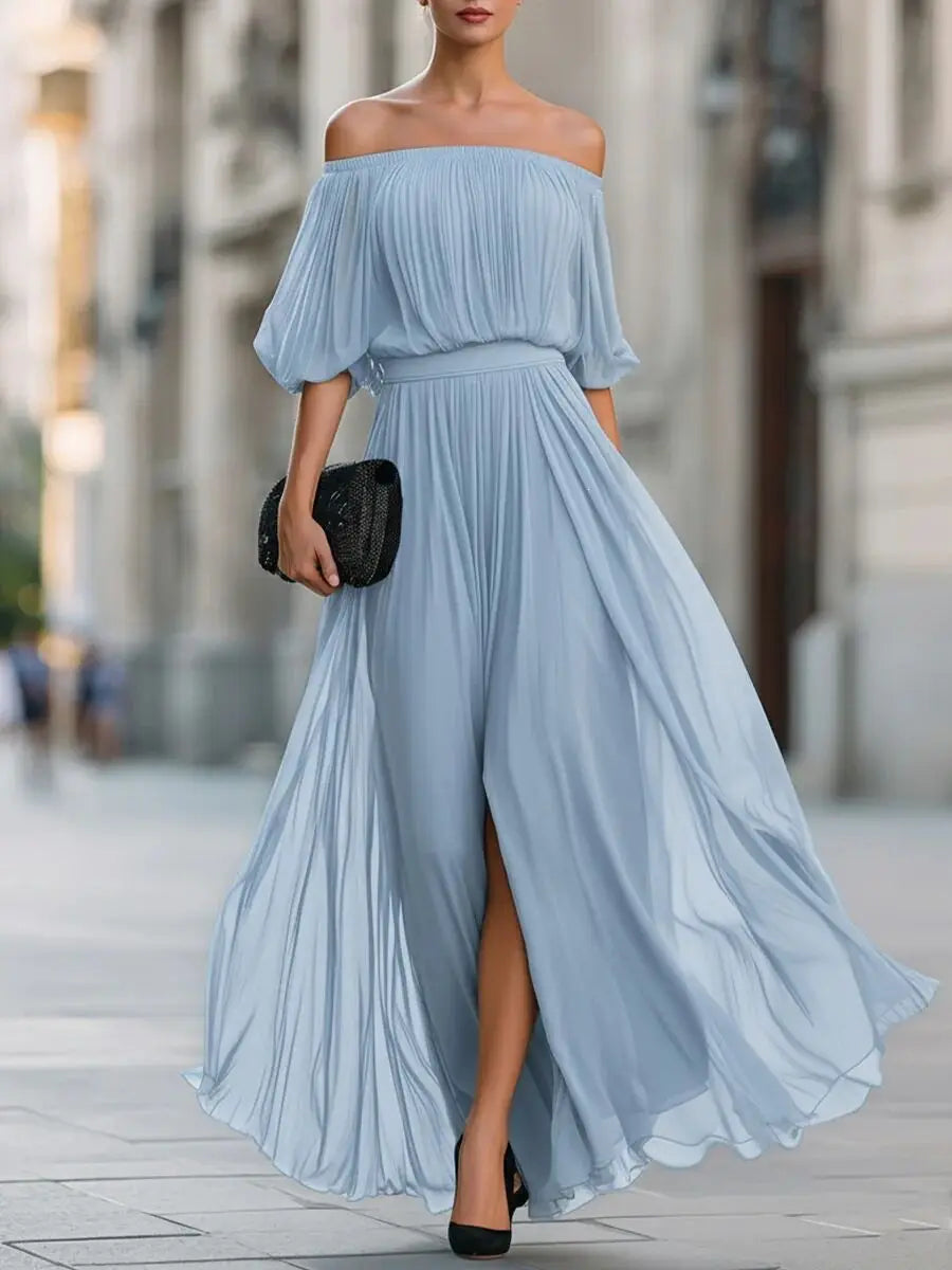Doreen off-shoulder chiffon maxi dress in light blue, front view