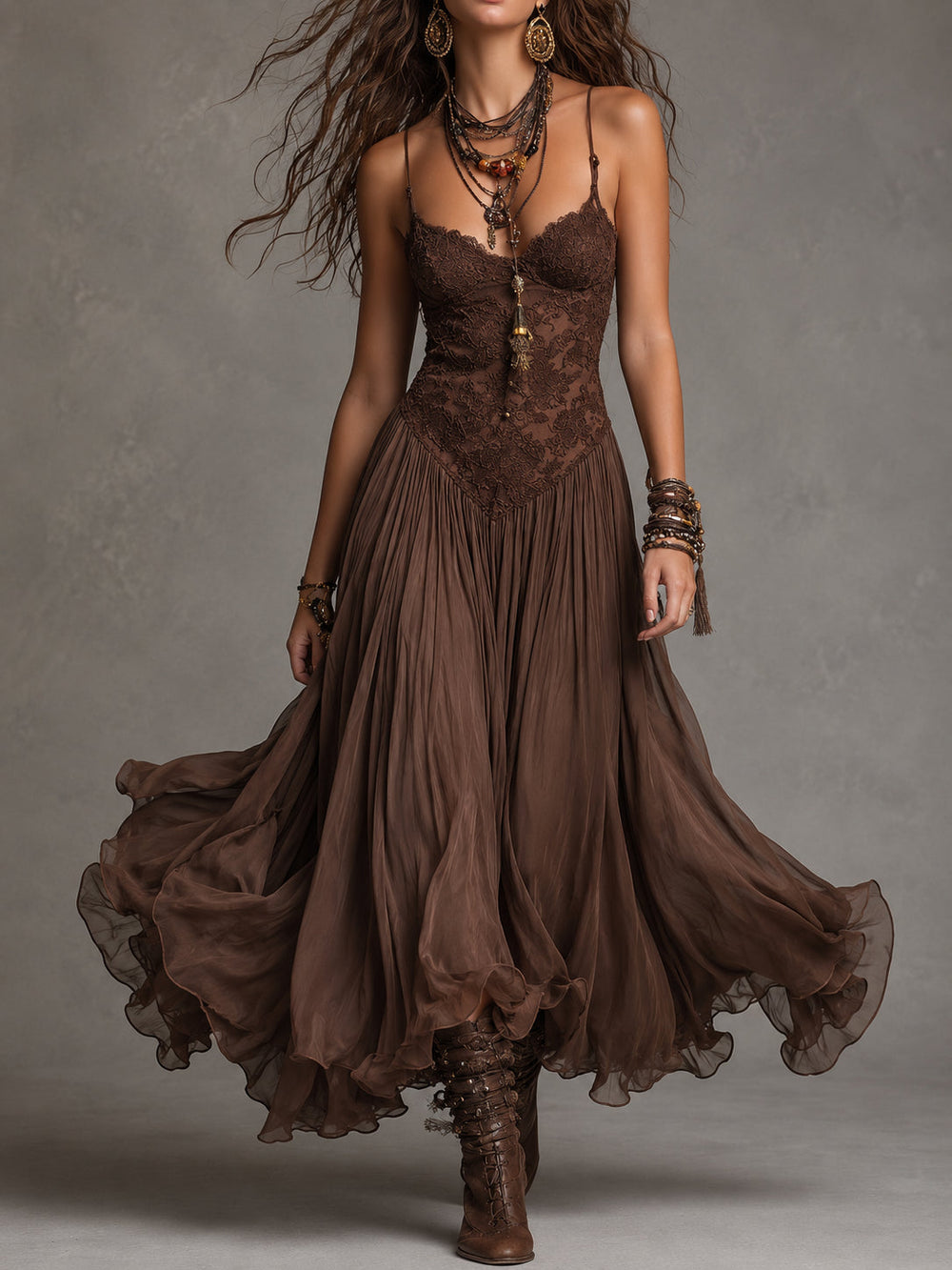 Federica | Brown Lace & Chiffon Maxi Dress