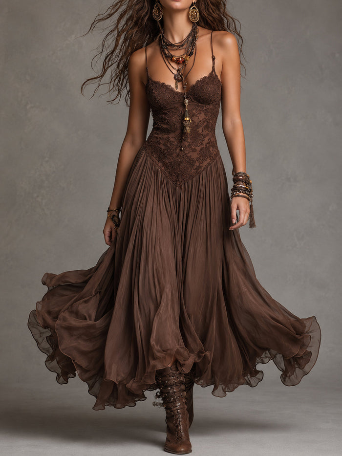 Federica | Brown Lace & Chiffon Maxi Dress