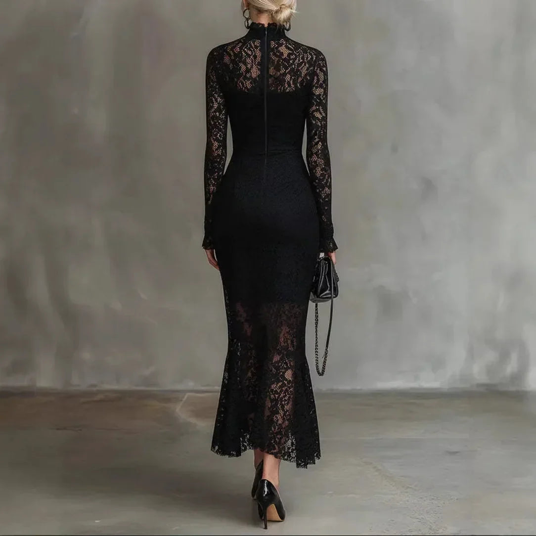 Lowena high-neck lace maxi dress in Black, back view