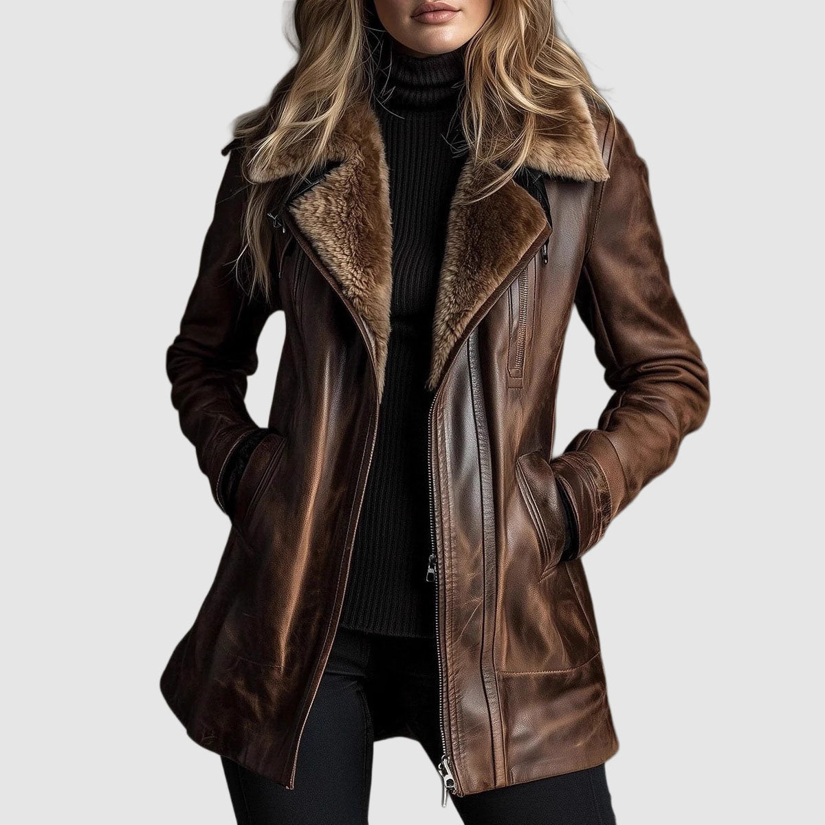 Letty plush-collar zip jacket in brown, front view