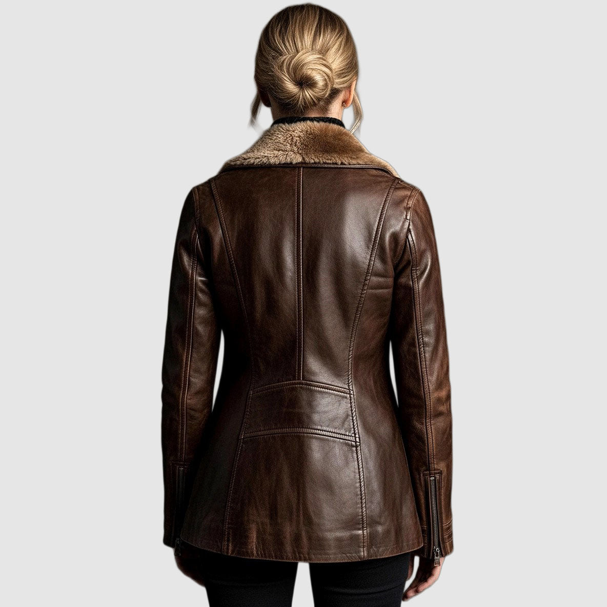 Letty plush-collar zip jacket in brown, back view