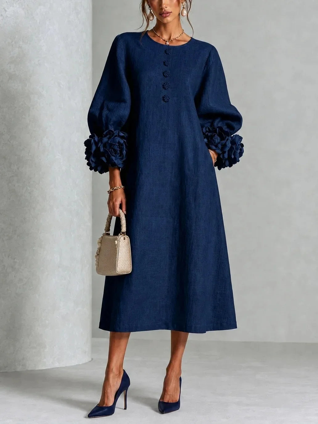 Hyacinthe floral cuff midi dress in navy blue, front view
