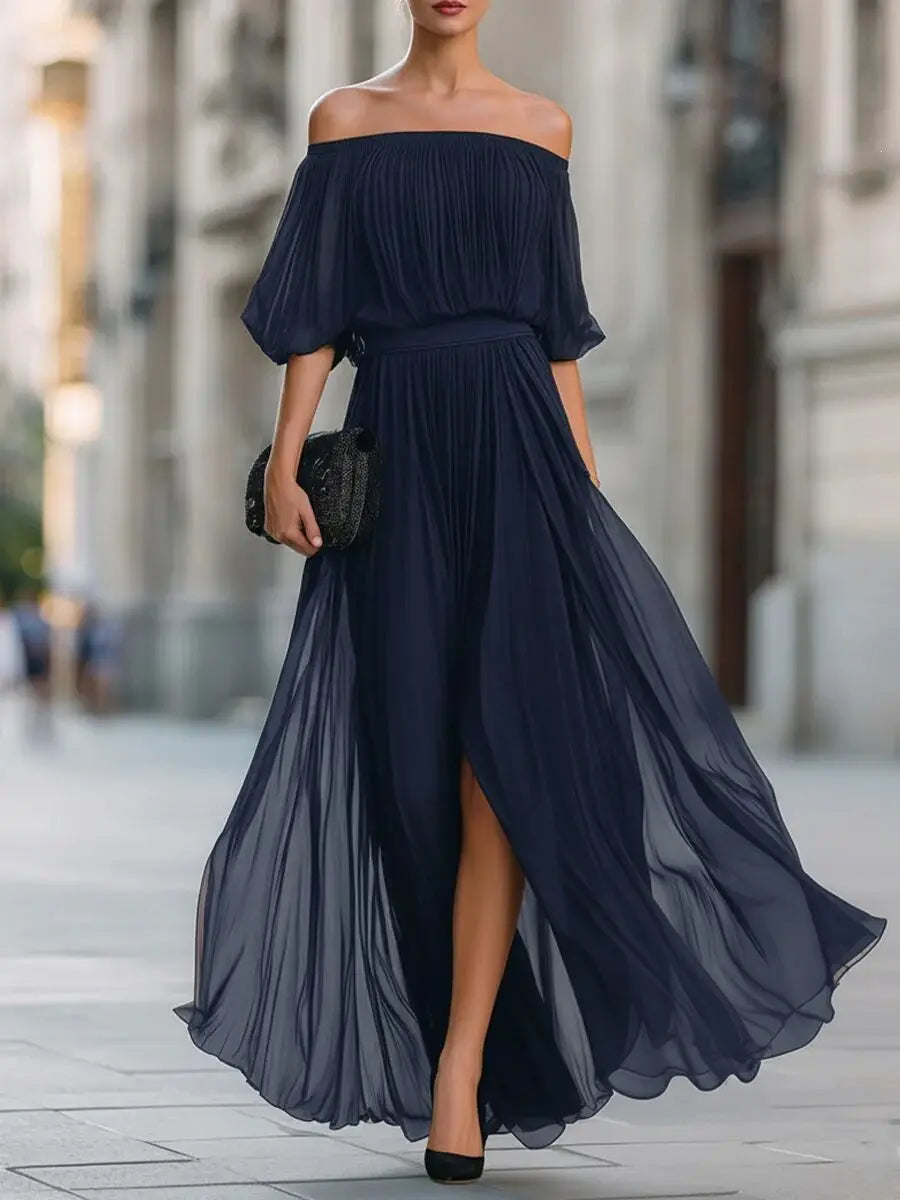 Doreen off-shoulder chiffon maxi dress in navy blue, front view