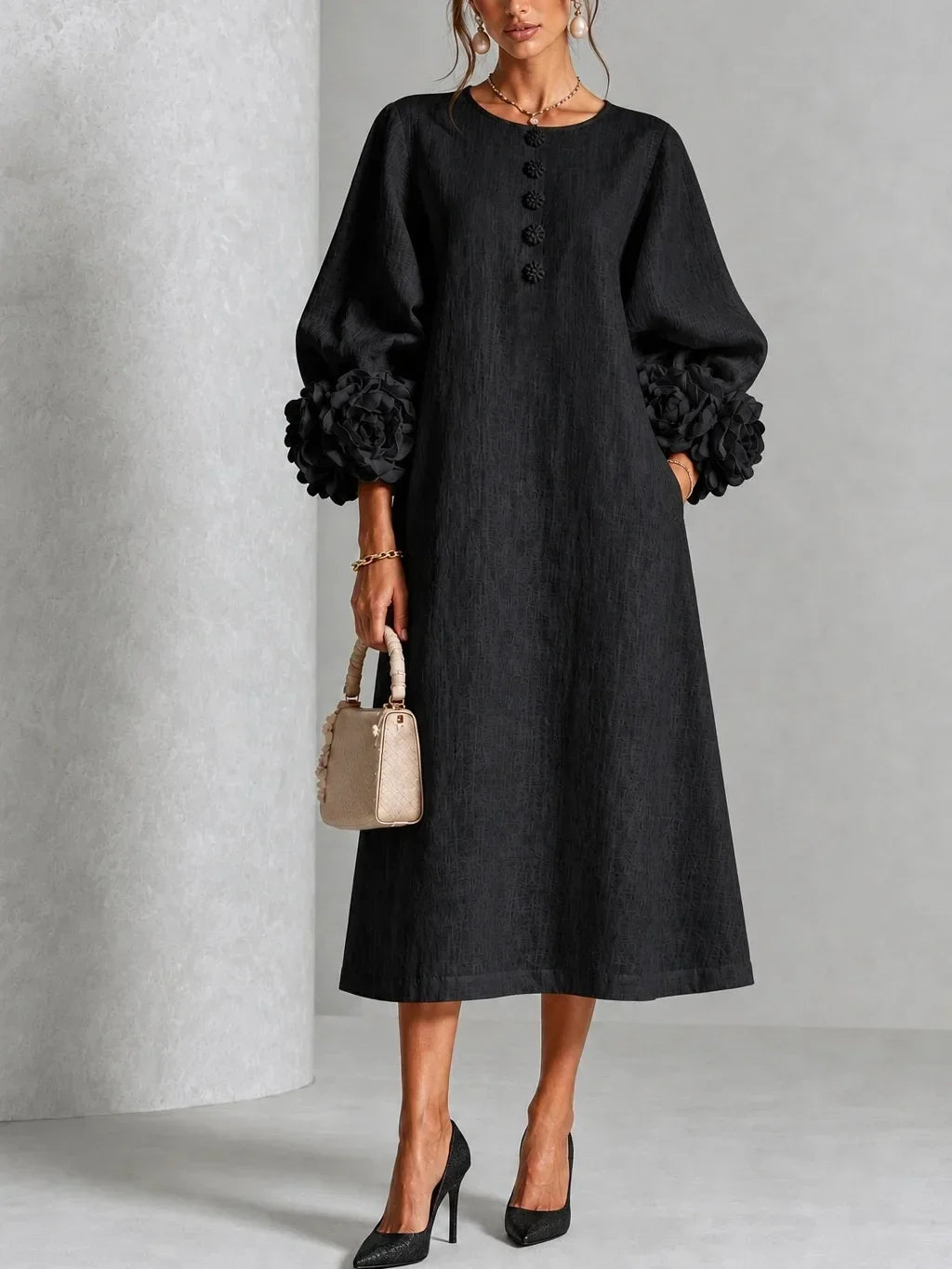 Hyacinthe floral cuff midi dress in black, front view