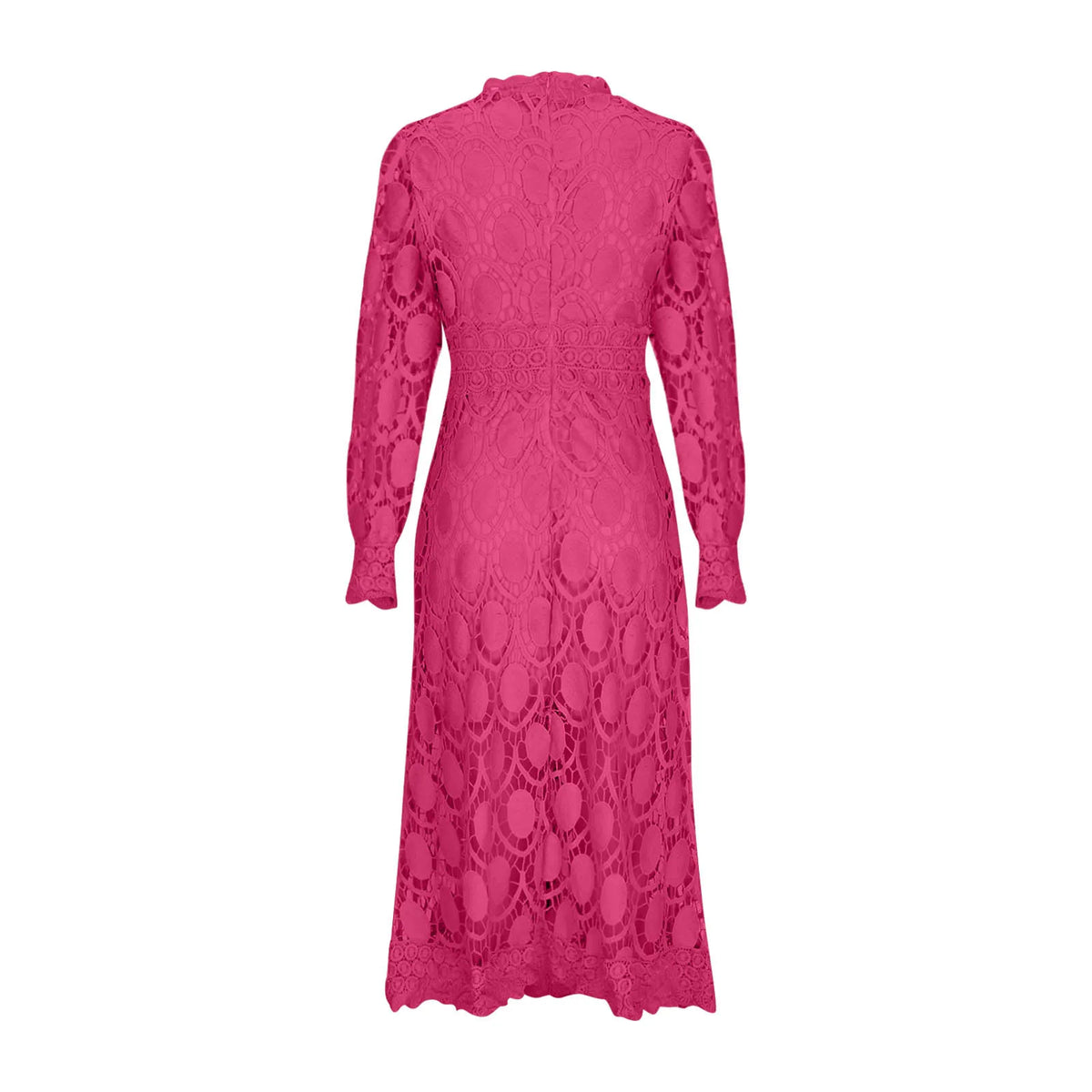 Philomel lace midi dress in fuchsia pink, back flat lay