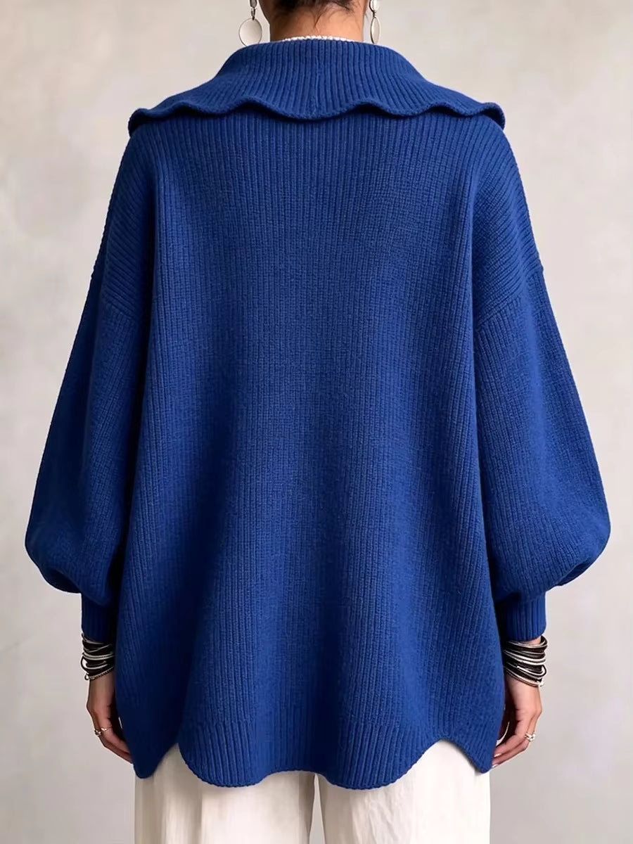 Gwenfair scalloped collar cardigan in Blue, back view