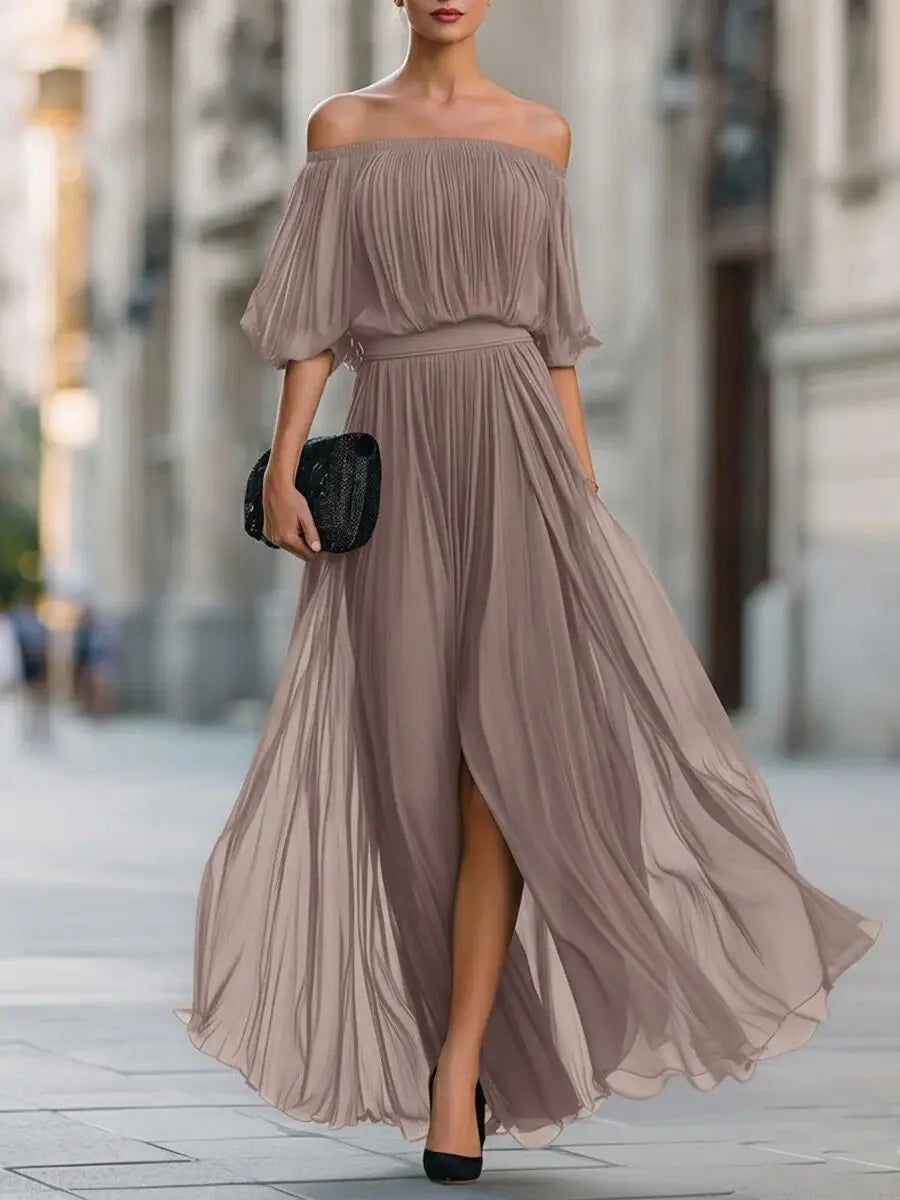 Doreen off-shoulder chiffon maxi dress in khaki, front view