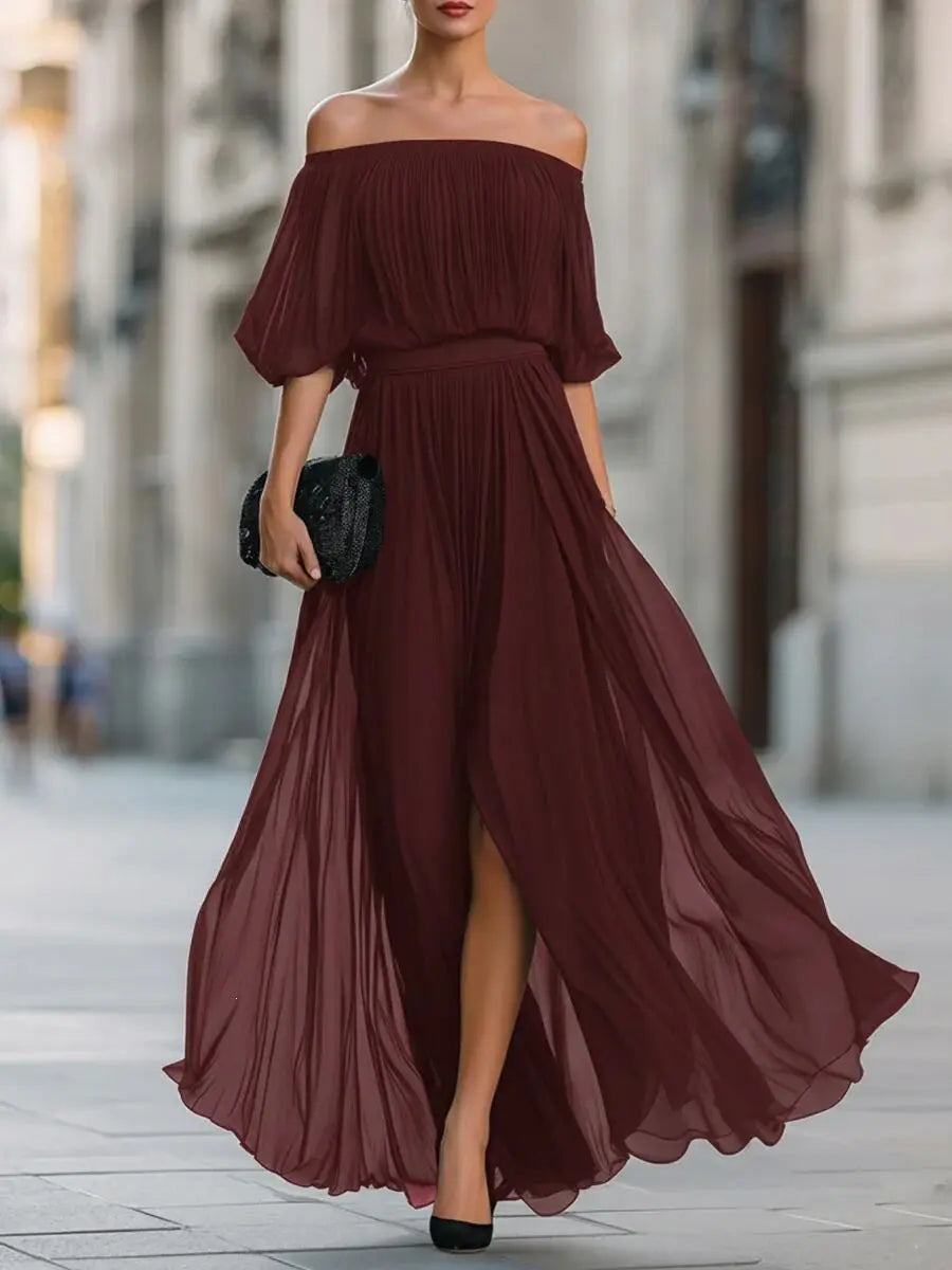 Doreen off-shoulder chiffon maxi dress in burgundy, front view