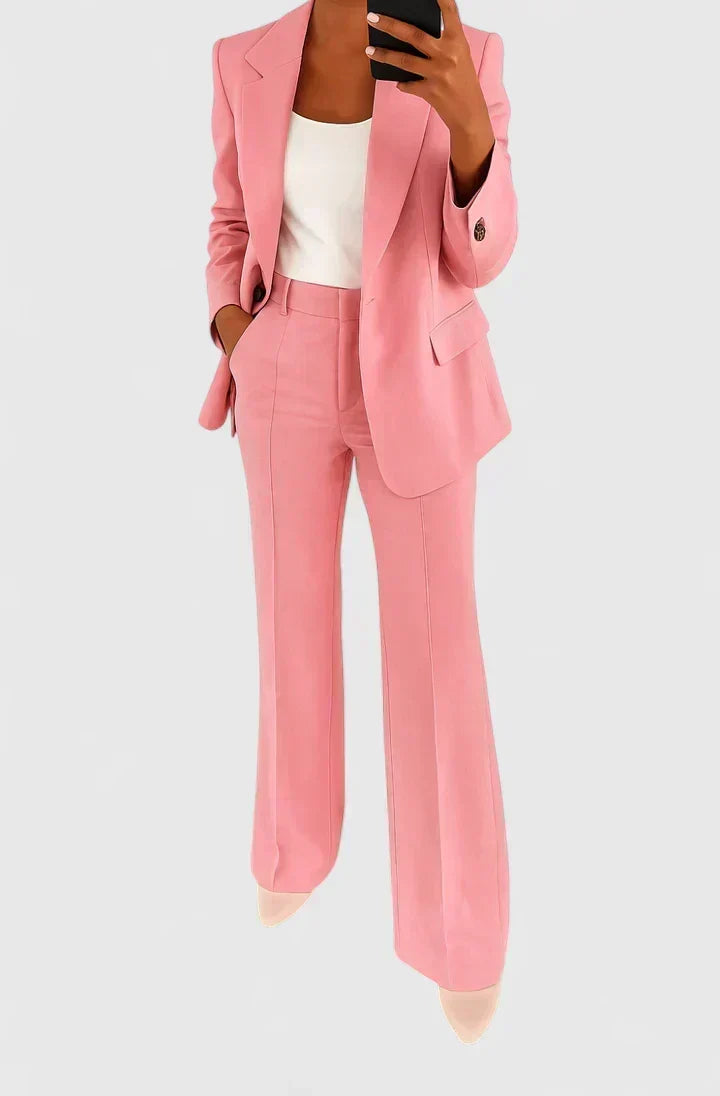 Veronica relaxed two-piece trouser suit in pink, full-length front view