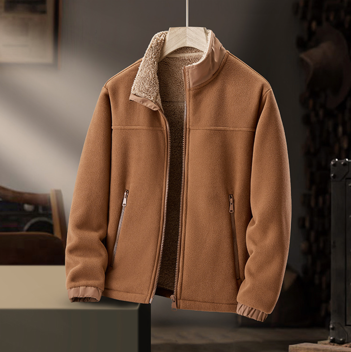 Gail plush-collar zip jacket in brown, front view with stand collar