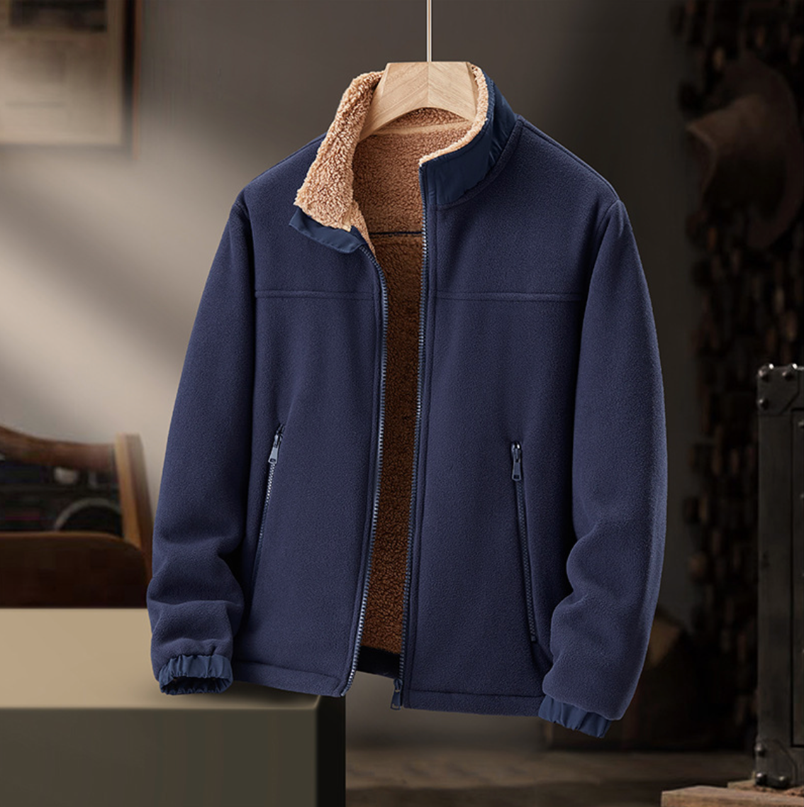 Gail plush-collar zip jacket in navy, front view with gathered cuffs
