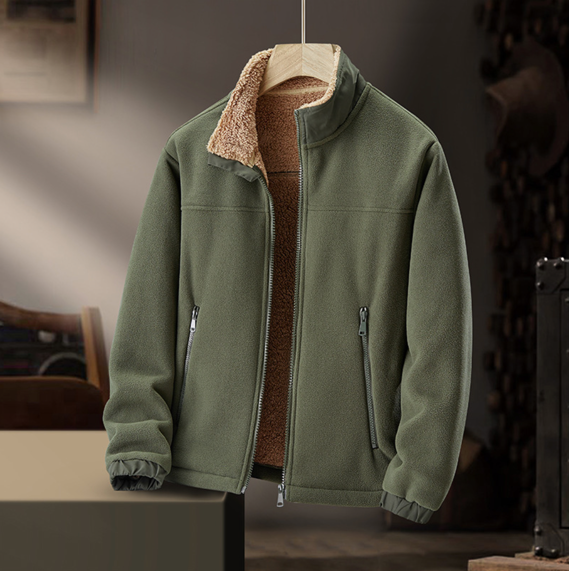 Gail plush-collar zip jacket in military green, front view with zipped pockets