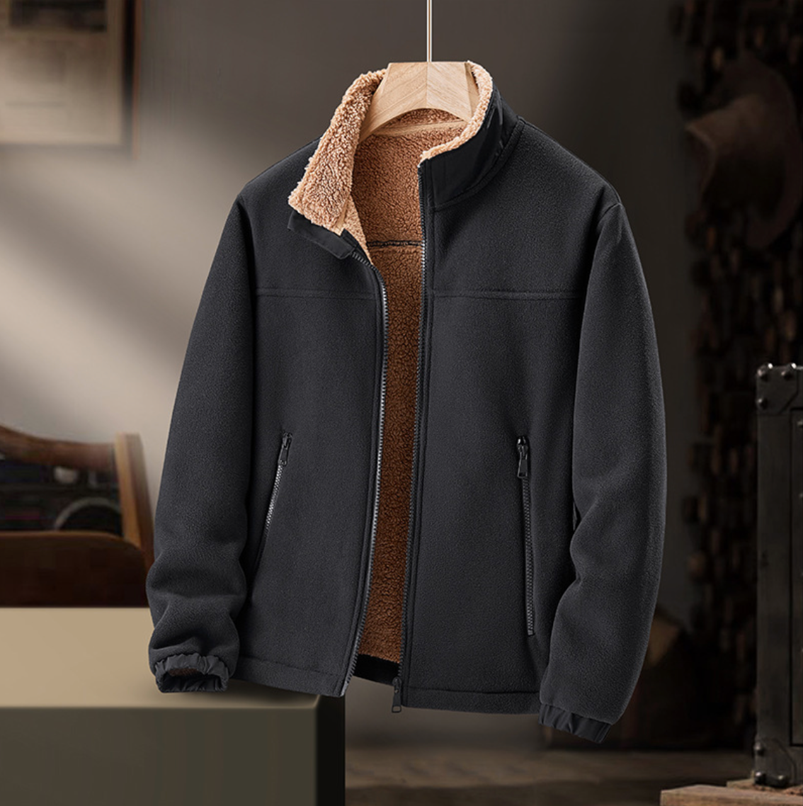 Gail plush-collar zip jacket in black, front view on a hanger