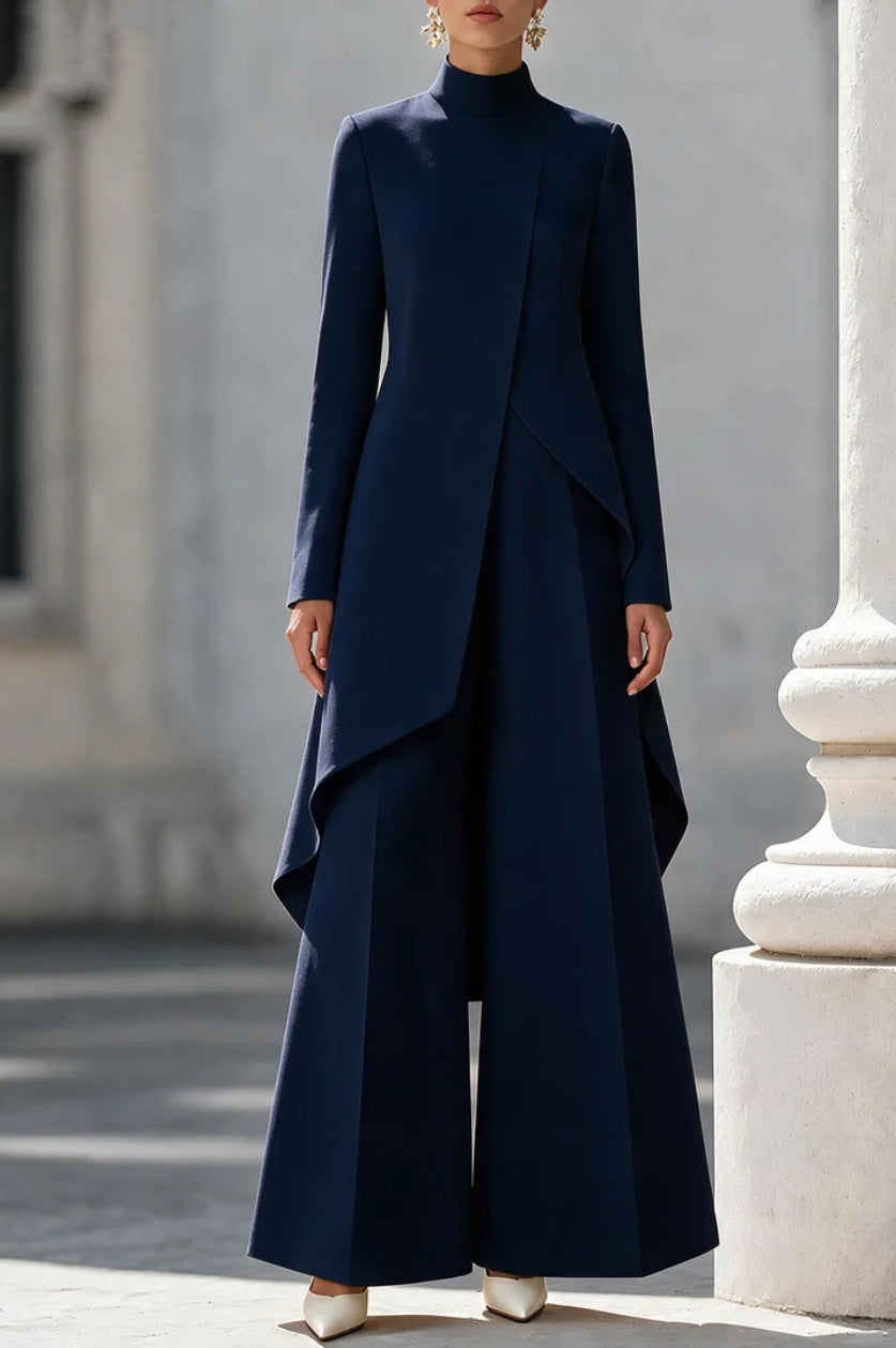 Catriona high-neck trouser set in navy, full-length front view