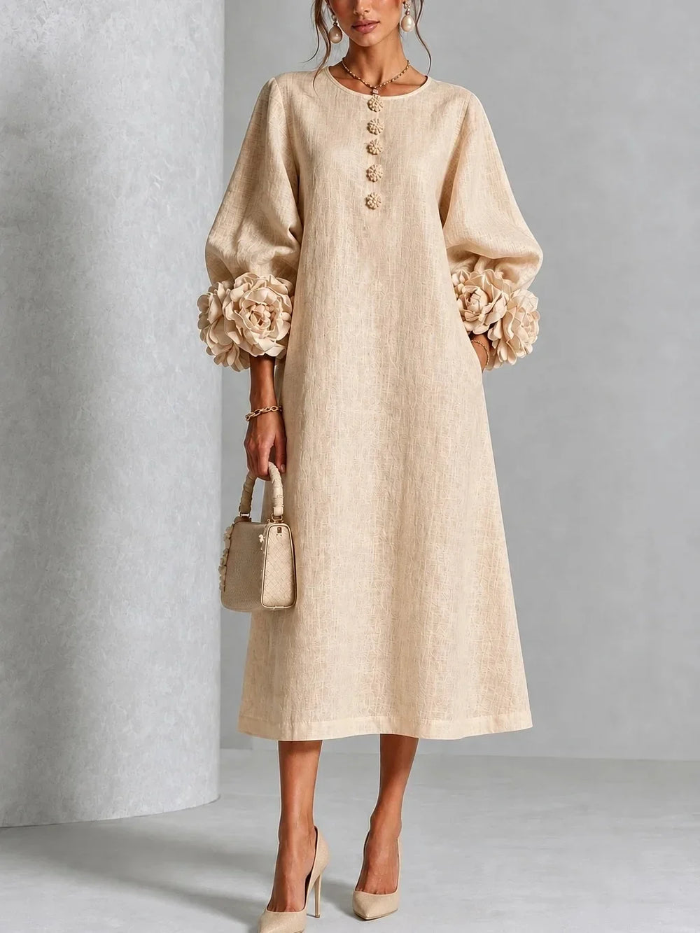 Hyacinthe floral cuff midi dress in apricot, front view