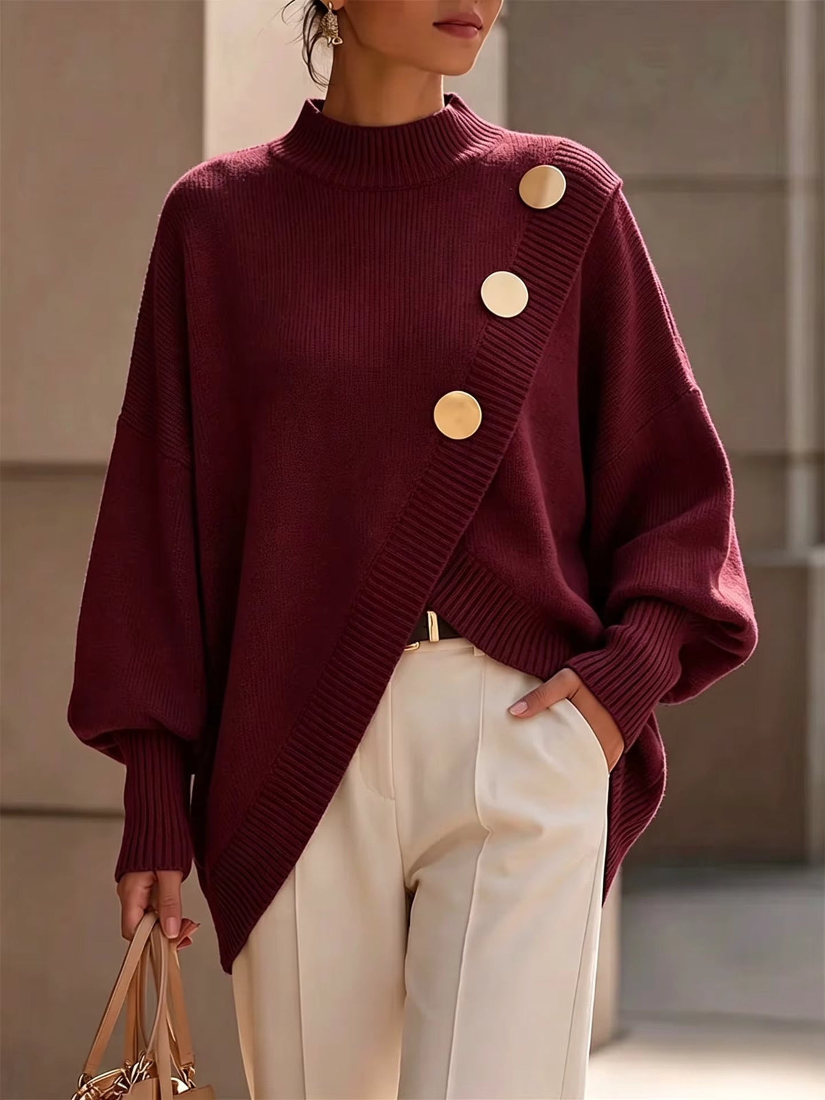 Rhosyn asymmetric button jumper in Burgundy, front view
