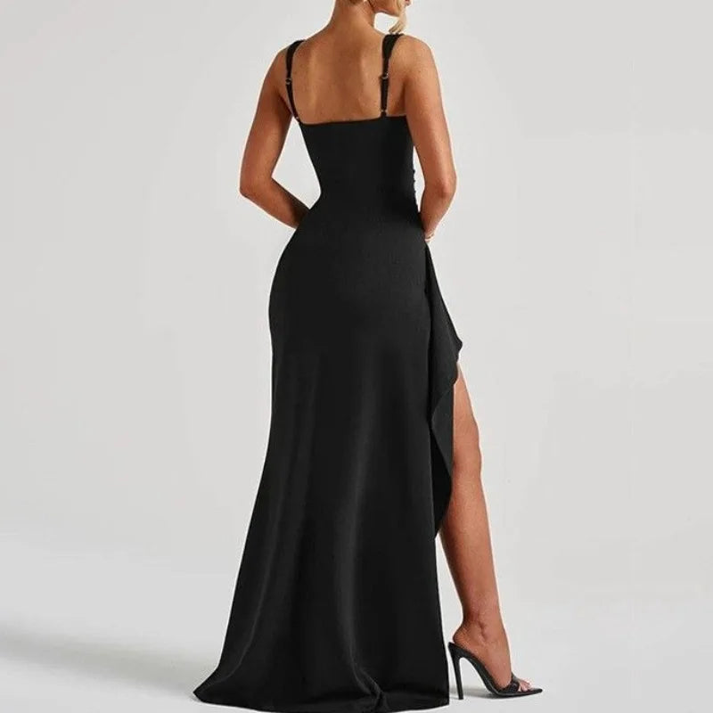 Bryher fitted maxi dress in black, back view