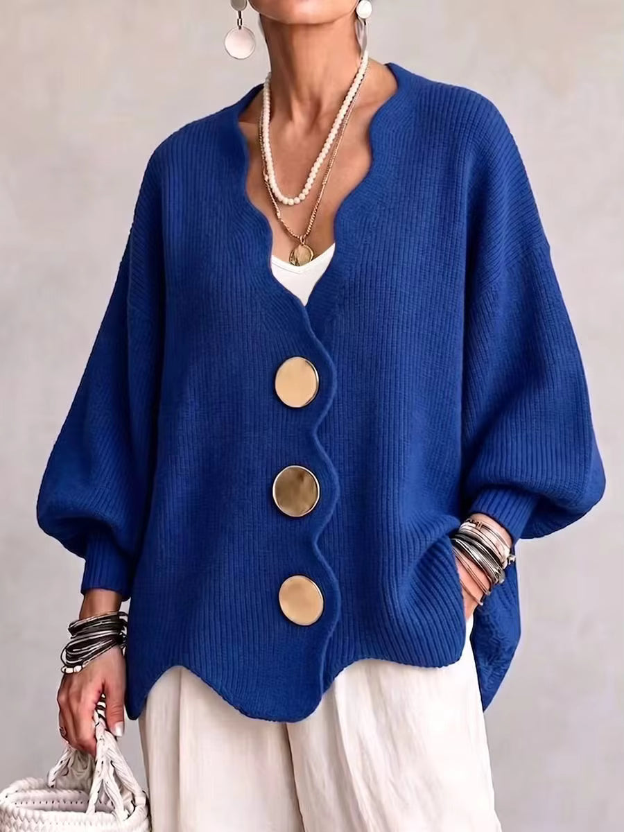 Heddwen scalloped button cardigan in Blue, front view