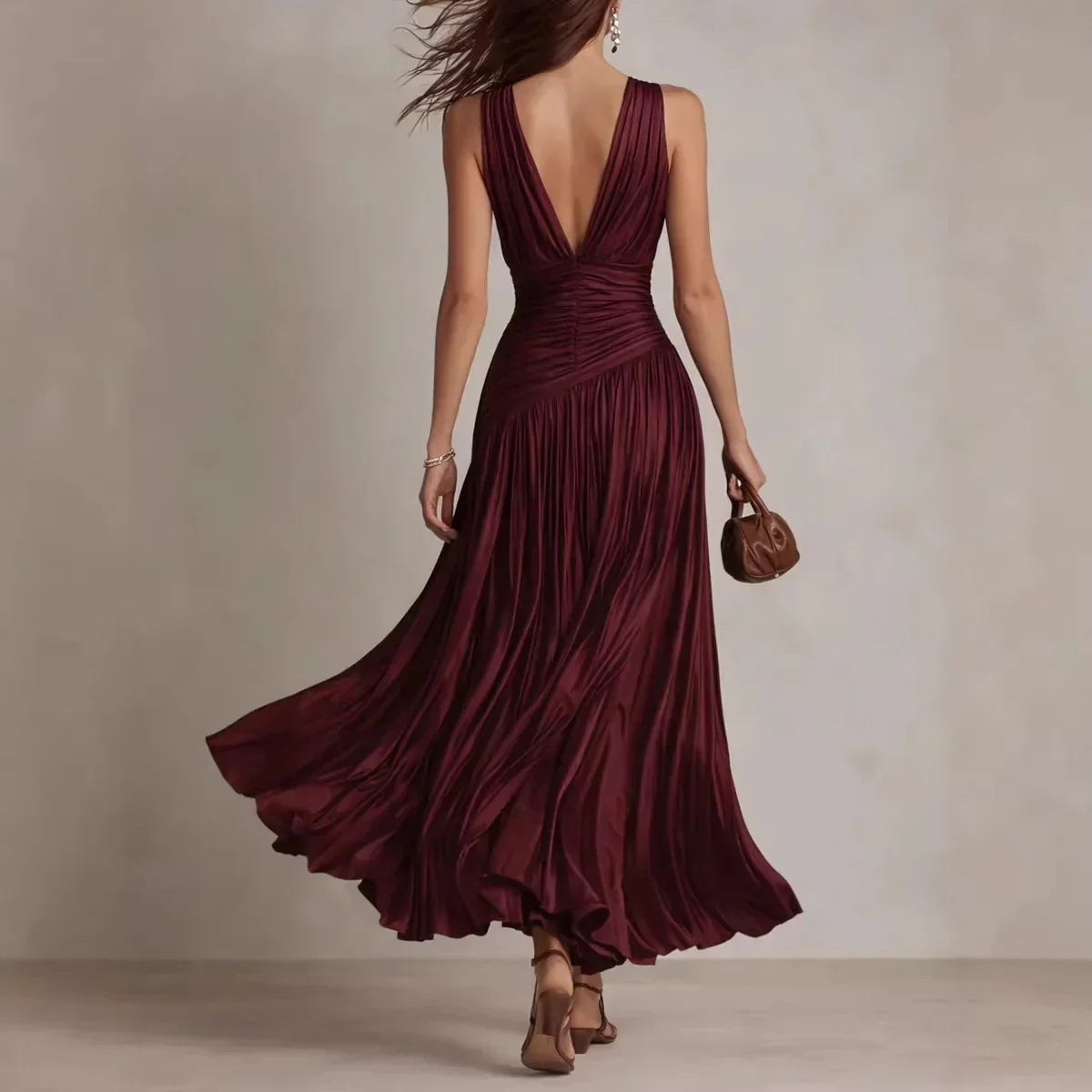Delen pleated maxi dress in wine red, back view