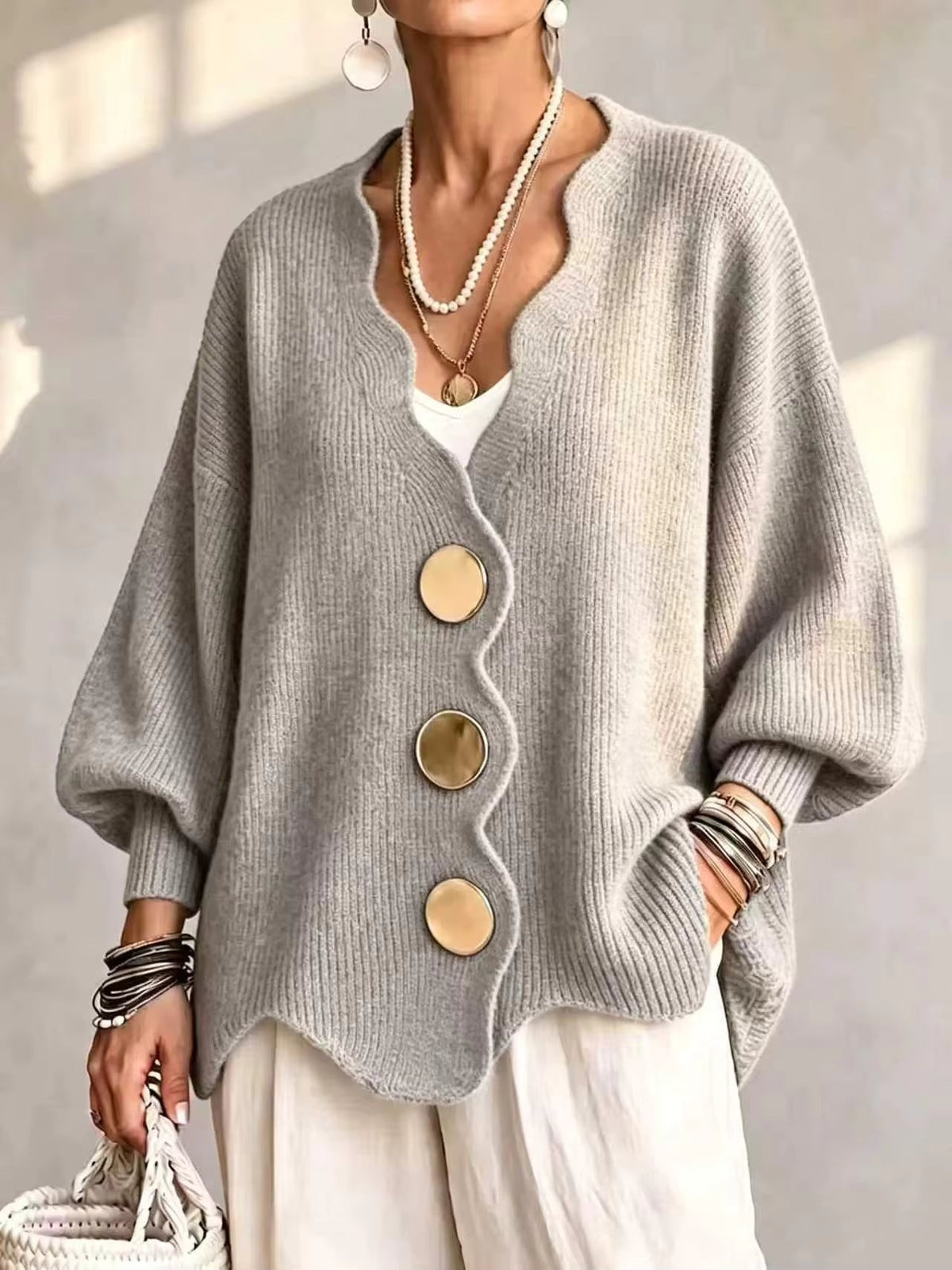 Heddwen scalloped button cardigan in Light Grey, front view