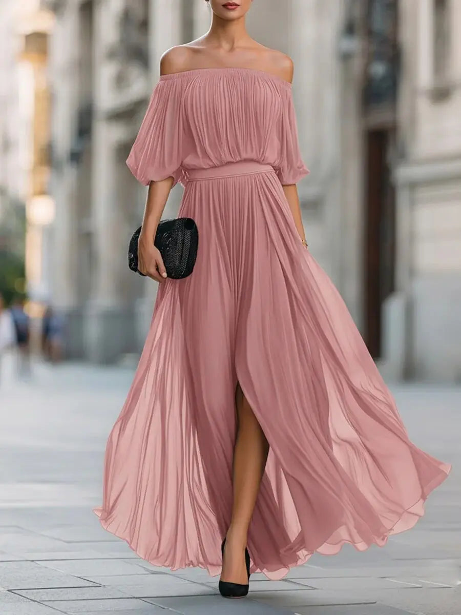 Doreen off-shoulder chiffon maxi dress in pink, front view