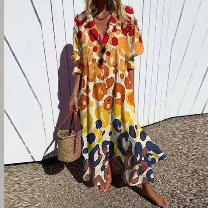 Rimmey boho shirt dress in yellow and orange print, front view