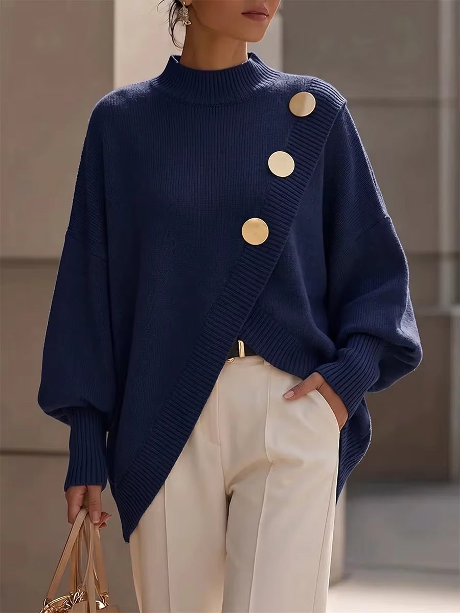 Rhosyn asymmetric button jumper in Navy, front view