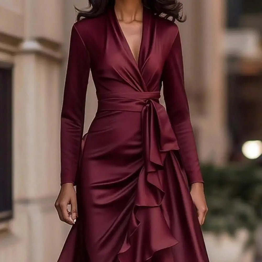 Avril satin-finish ruffle wrap dress in wine red, close-up front view