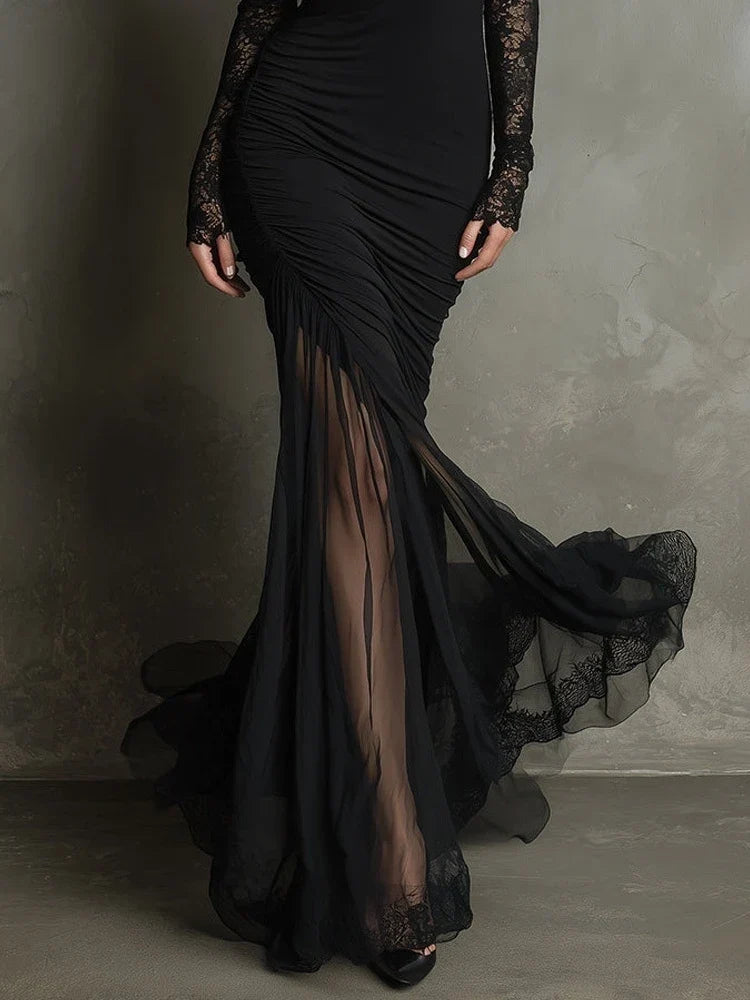 Kensa mermaid maxi dress in Black, close-up of tulle mermaid skirt