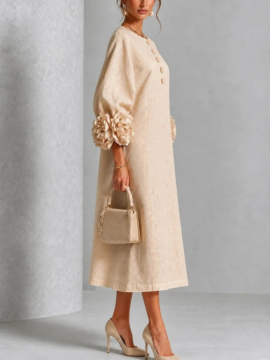 Hyacinthe floral cuff midi dress in apricot, side view