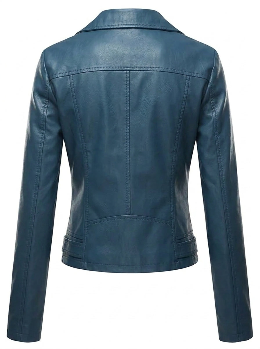Euna faux leather biker jacket in navy, back view