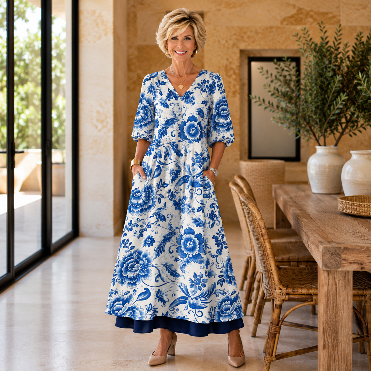 Kerena maxi dress in blue and white floral print, front view
